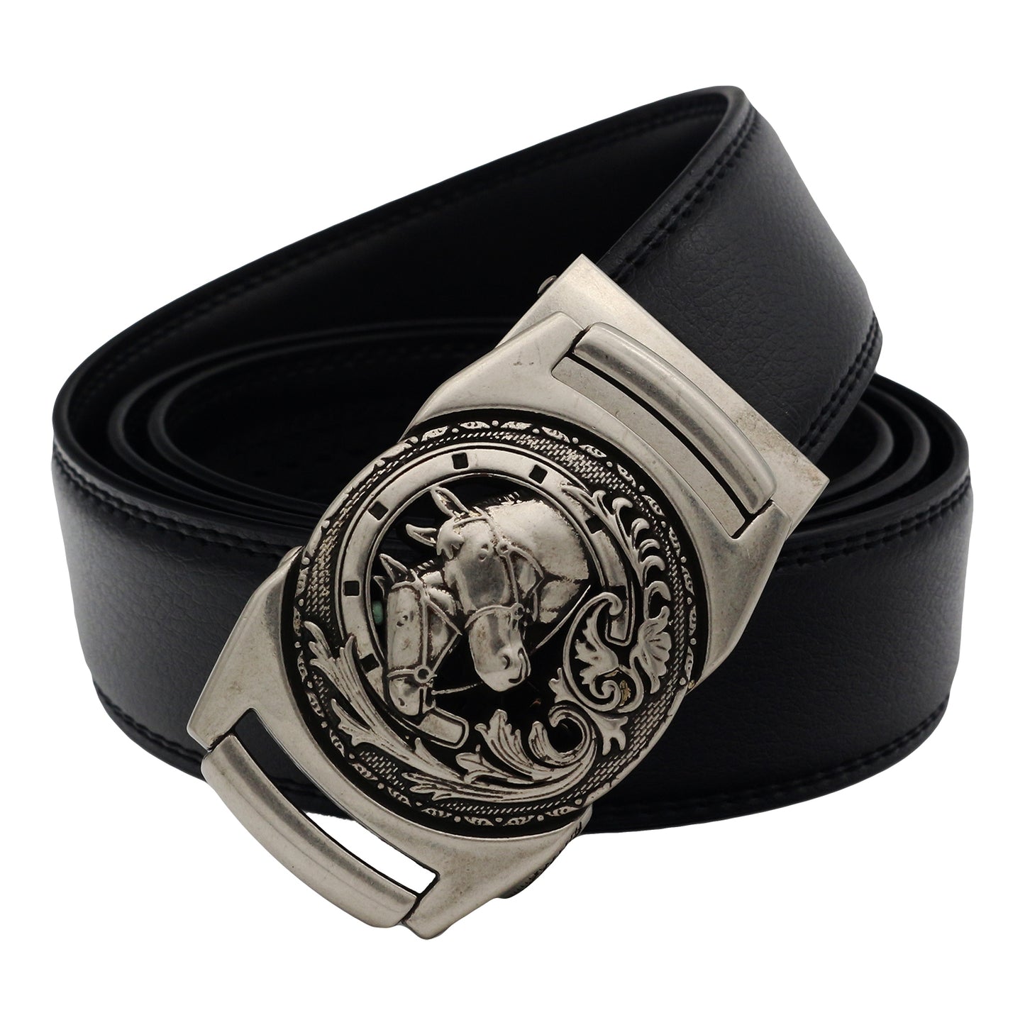 QHA Mens 35mm Ratchet Leather Belt, Sculpted Horse Head Buckle - QHA UK