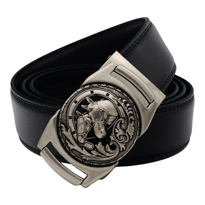 QHA Mens 35mm Ratchet Leather Belt, Sculpted Horse Head Buckle - QHA UK