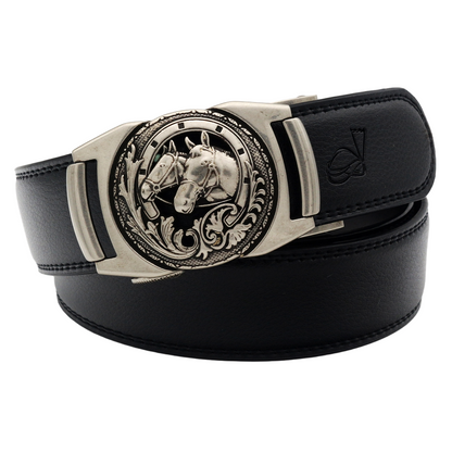 QHA Mens 35mm Ratchet Leather Belt, Sculpted Horse Head Buckle - QHA UK