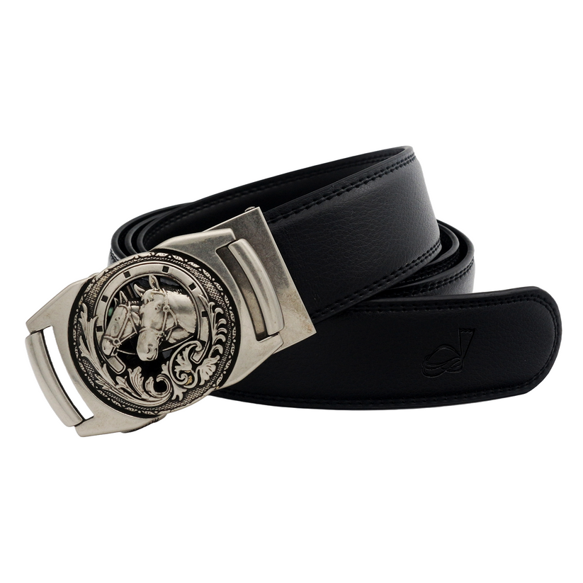 QHA Mens 35mm Ratchet Leather Belt, Sculpted Horse Head Buckle - QHA UK