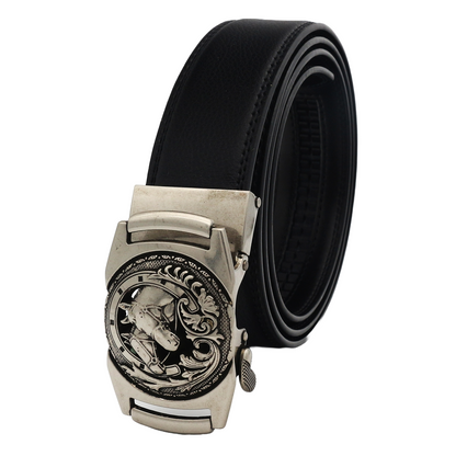 QHA Mens 35mm Ratchet Leather Belt, Sculpted Horse Head Buckle - QHA UK