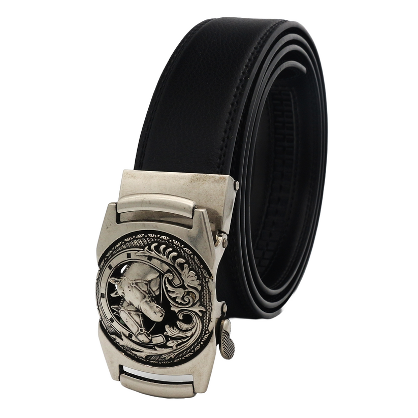 QHA Mens 35mm Ratchet Leather Belt, Sculpted Horse Head Buckle - QHA UK