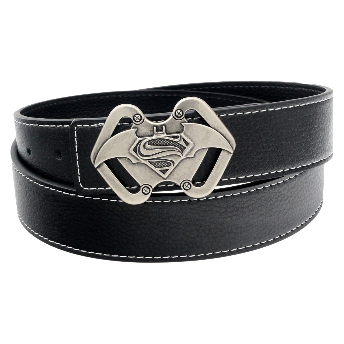 QHA Mens 38mm Split Leather Belt, Superman Batman Combo Pin - QHA UK
