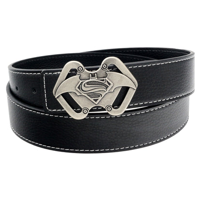 QHA Mens 38mm Split Leather Belt, Superman Batman Combo Pin - QHA UK