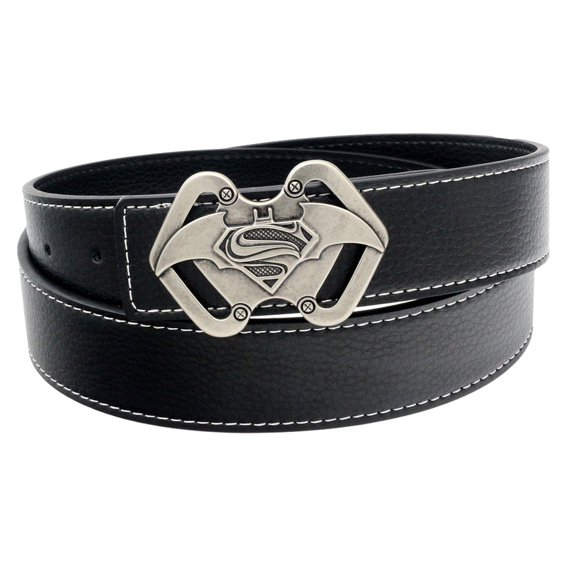 QHA Mens 38mm Split Leather Belt, Superman Batman Combo Pin - QHA UK
