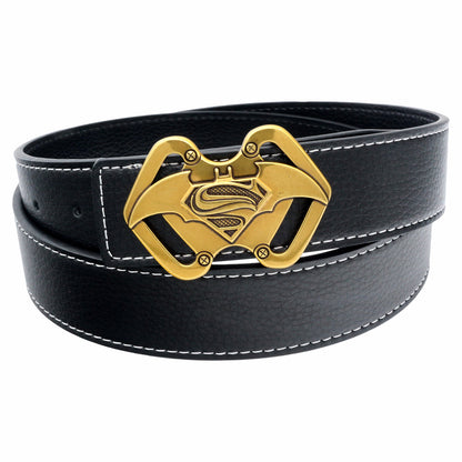 QHA Mens 38mm Split Leather Belt, Superman Batman Combo Pin - QHA UK