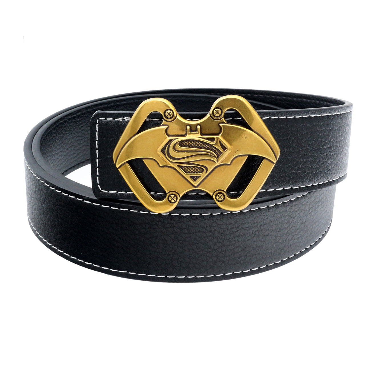 QHA Mens 38mm Split Leather Belt, Superman Batman Combo Pin - QHA UK