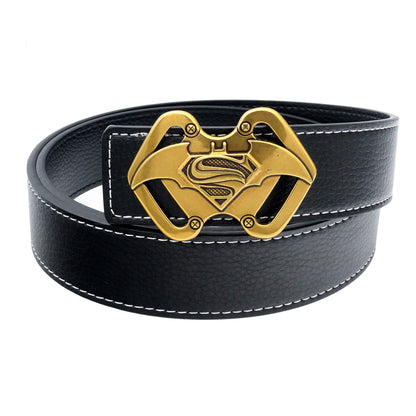 QHA Mens 38mm Split Leather Belt, Superman Batman Combo Pin - QHA UK