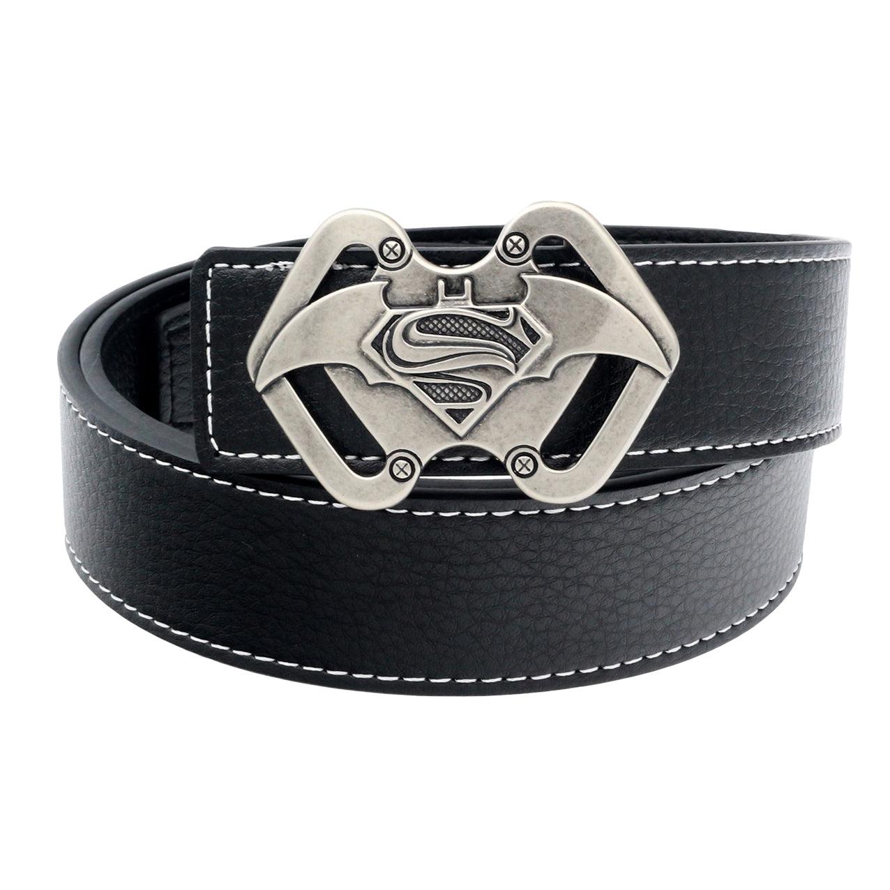QHA Mens 38mm Split Leather Belt, Superman Batman Combo Pin - QHA UK