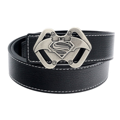 QHA Mens 38mm Split Leather Belt, Superman Batman Combo Pin - QHA UK