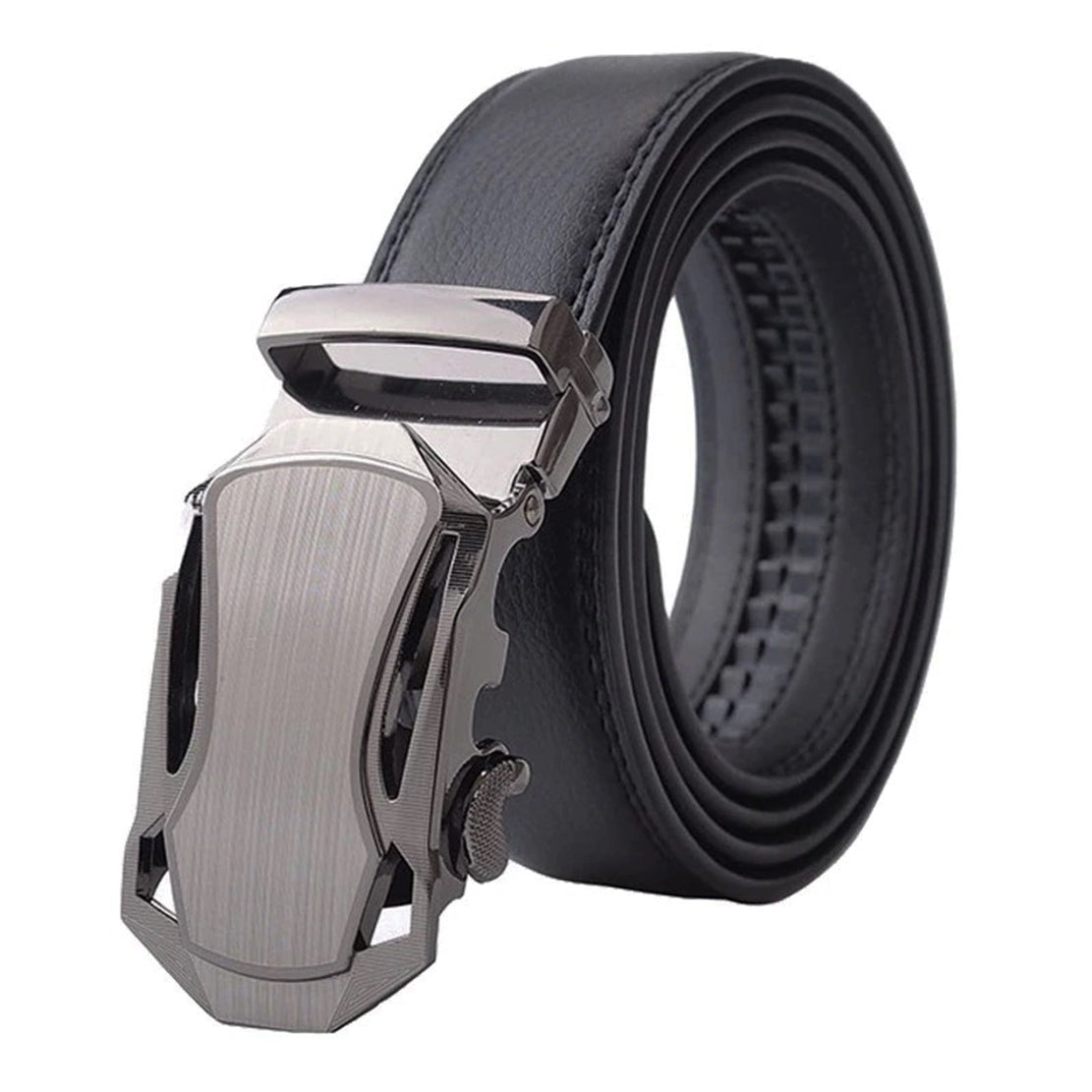 QHA Mens Black Ratchet Leather Belt, Dual-Tone Brushed Automatic - QHA UK