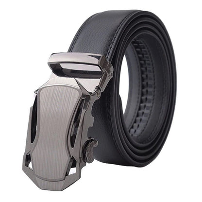QHA Mens Black Ratchet Leather Belt, Dual-Tone Brushed Automatic - QHA UK