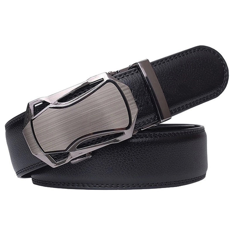 QHA Mens Black Ratchet Leather Belt, Dual-Tone Brushed Automatic - QHA UK