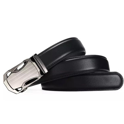 QHA Mens Black Ratchet Leather Belt, Dual-Tone Brushed Automatic - QHA UK