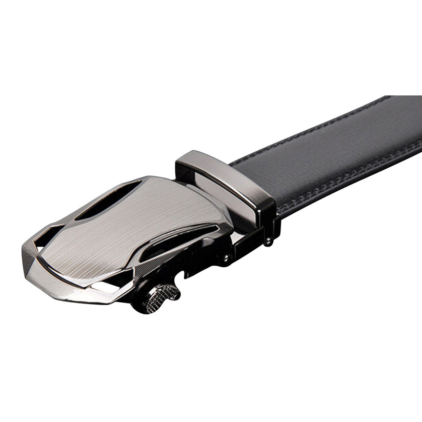 QHA Mens Black Ratchet Leather Belt, Dual-Tone Brushed Automatic - QHA UK
