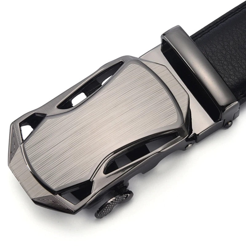 QHA Mens Black Ratchet Leather Belt, Dual-Tone Brushed Automatic - QHA UK
