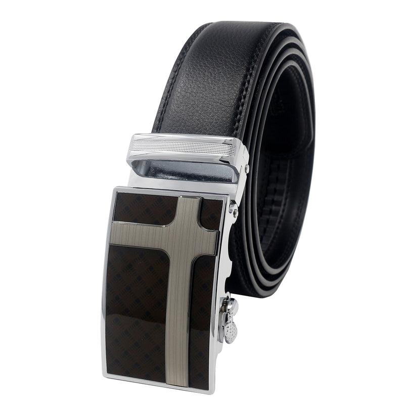QHA Mens 35mm Ratchet Leather Belt, Polished Dual-Tone Automatic - QHA UK