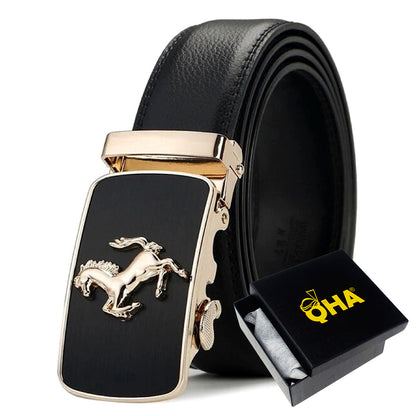 QHA Mens 35mm Ratchet Leather Belt, Prancing Horse Auto Buckle - QHA UK