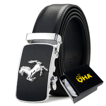 QHA Mens 35mm Ratchet Leather Belt, Prancing Horse Auto Buckle - QHA UK