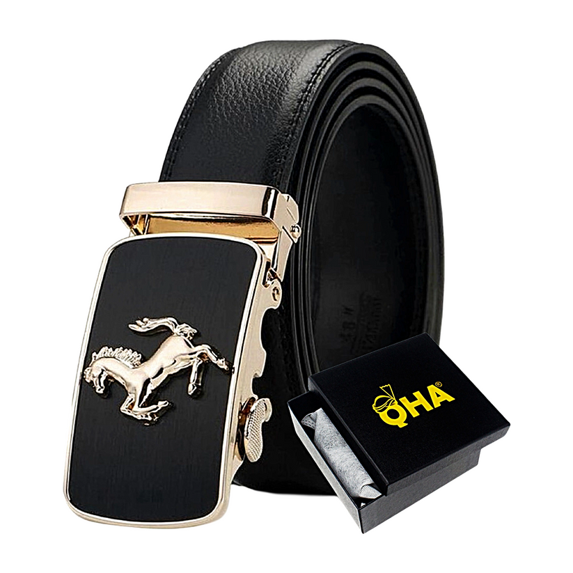 QHA Mens 35mm Ratchet Leather Belt, Prancing Horse Auto Buckle - QHA UK