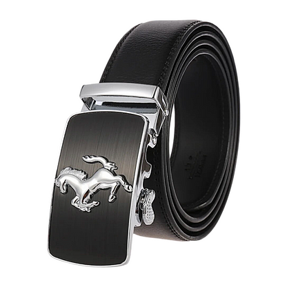 QHA Mens 35mm Ratchet Leather Belt, Prancing Horse Auto Buckle - QHA UK