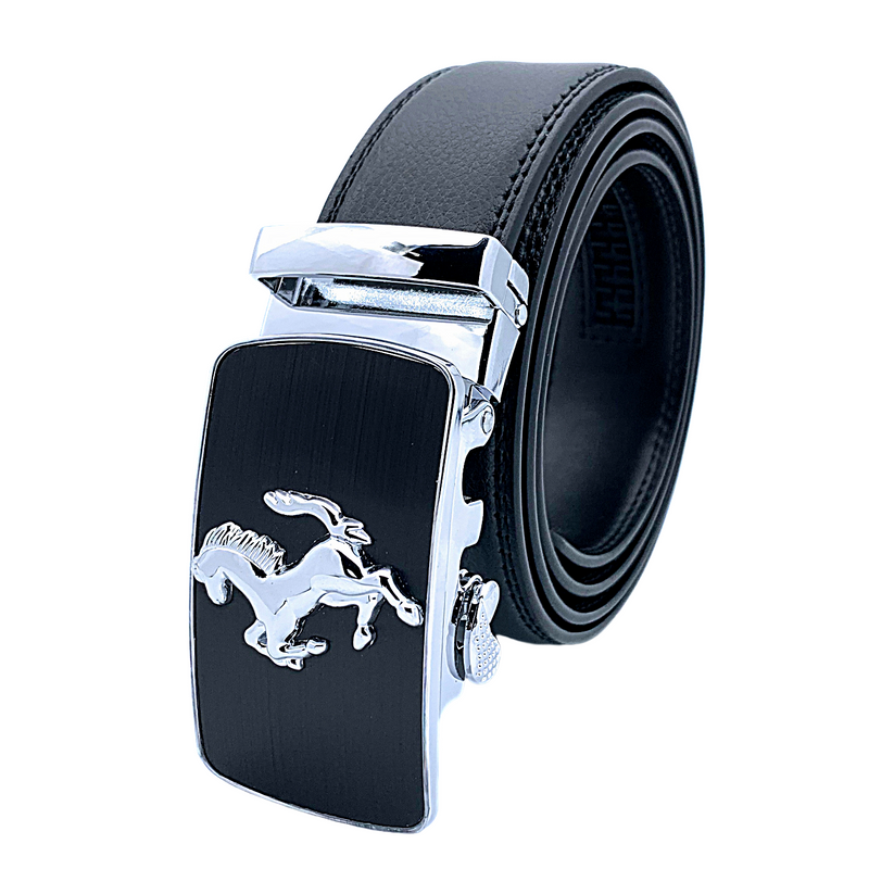 QHA Mens 35mm Ratchet Leather Belt, Prancing Horse Auto Buckle - QHA UK