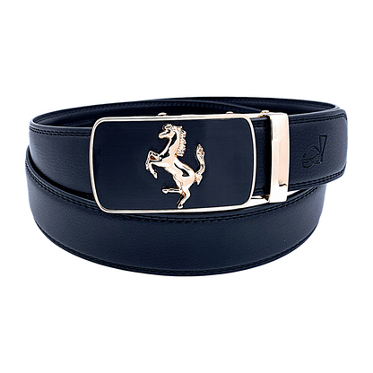 QHA Mens 35mm Ratchet Leather Belt, Prancing Horse Auto Buckle - QHA UK