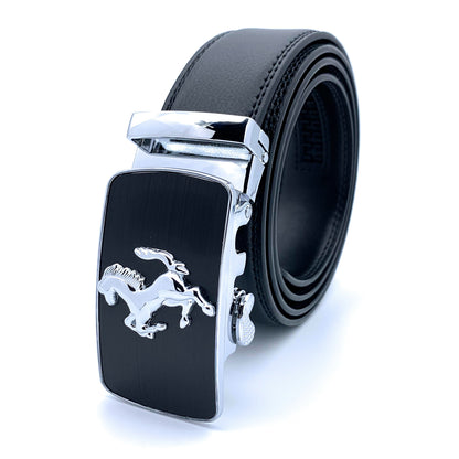 QHA Mens 35mm Ratchet Leather Belt, Prancing Horse Auto Buckle - QHA UK