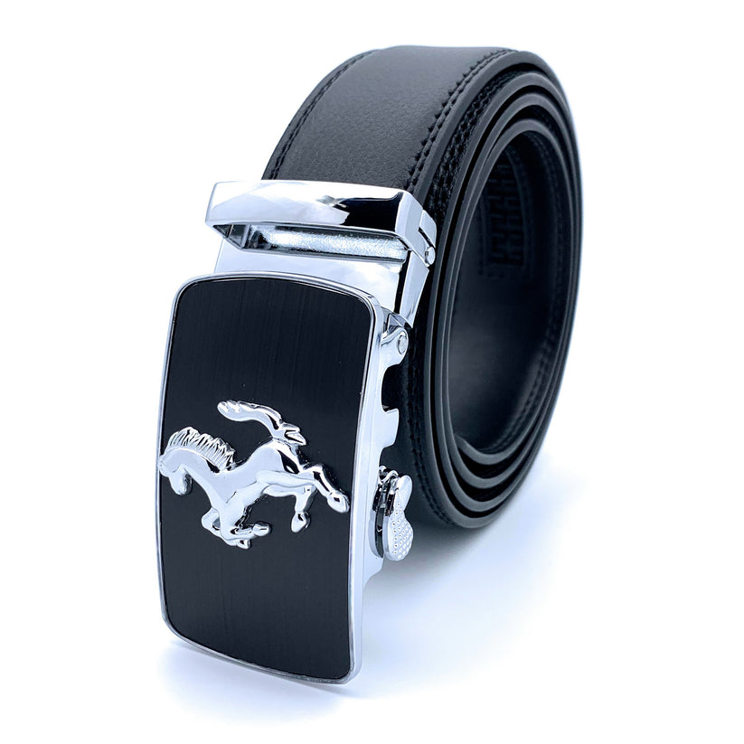 QHA Mens 35mm Ratchet Leather Belt, Prancing Horse Auto Buckle - QHA UK