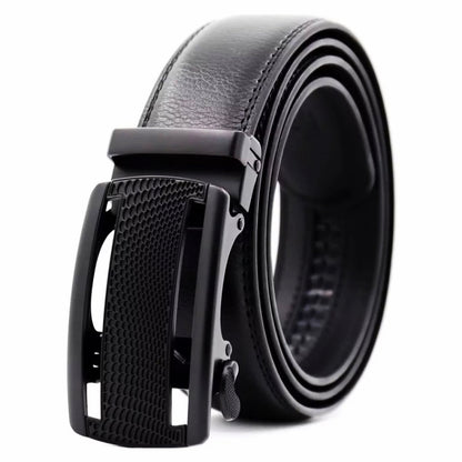 QHA Mens 35mm Ratchet Leather Belt, Polished Black Plastic Grid - QHA UK