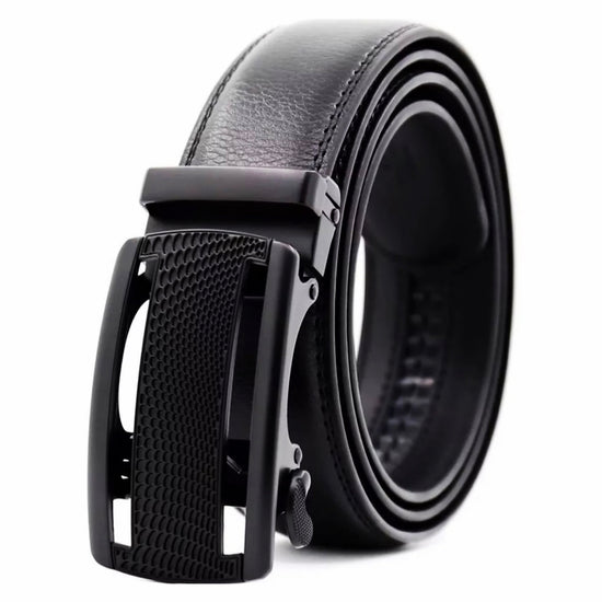 QHA Mens 35mm Ratchet Leather Belt, Polished Black Plastic Grid - QHA UK