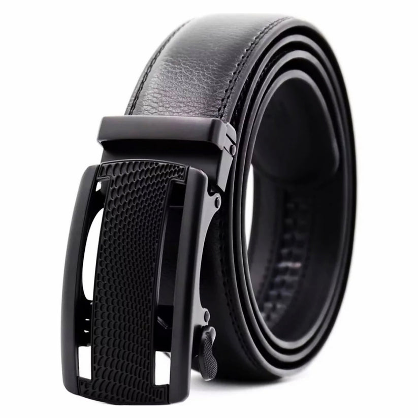 QHA Mens 35mm Ratchet Leather Belt, Polished Black Plastic Grid - QHA UK