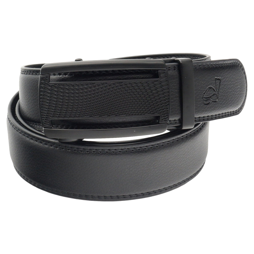 QHA Mens 35mm Ratchet Leather Belt, Polished Black Plastic Grid - QHA UK