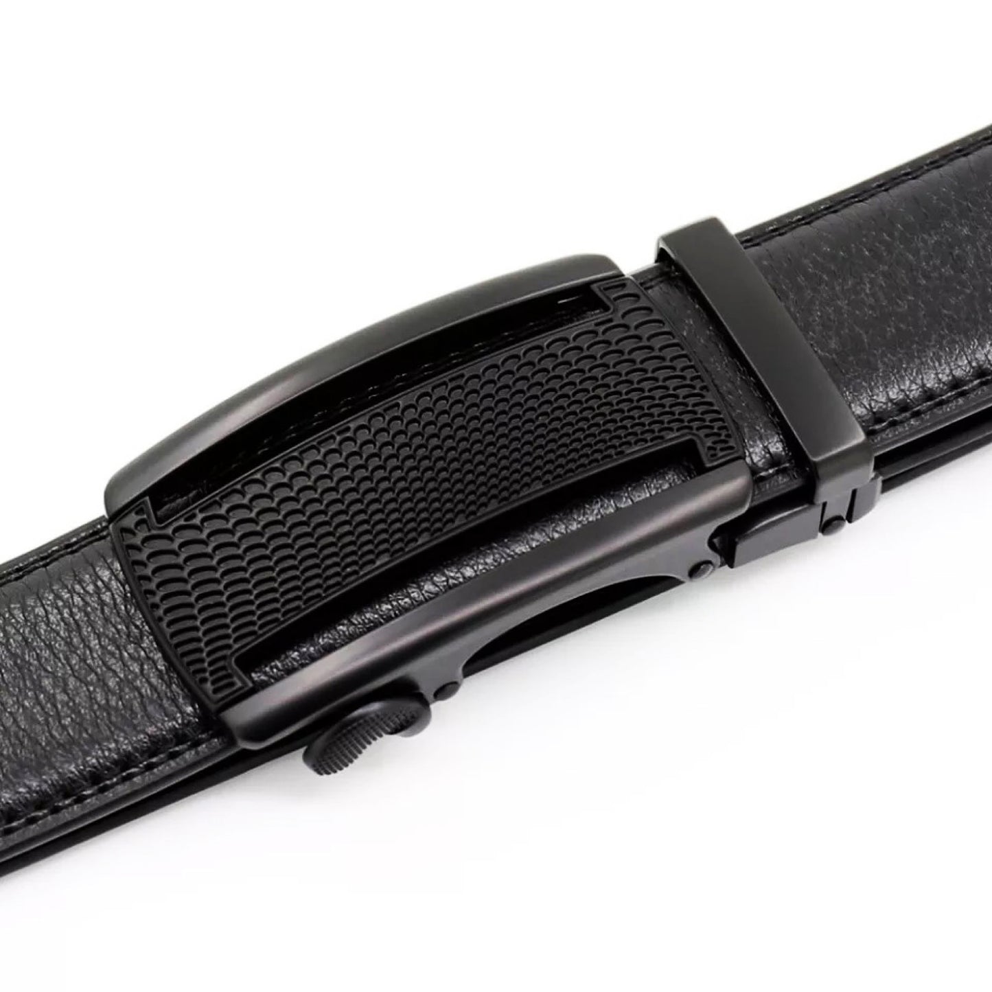 QHA Mens 35mm Ratchet Leather Belt, Polished Black Plastic Grid - QHA UK