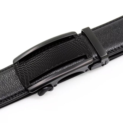 QHA Mens 35mm Ratchet Leather Belt, Polished Black Plastic Grid - QHA UK