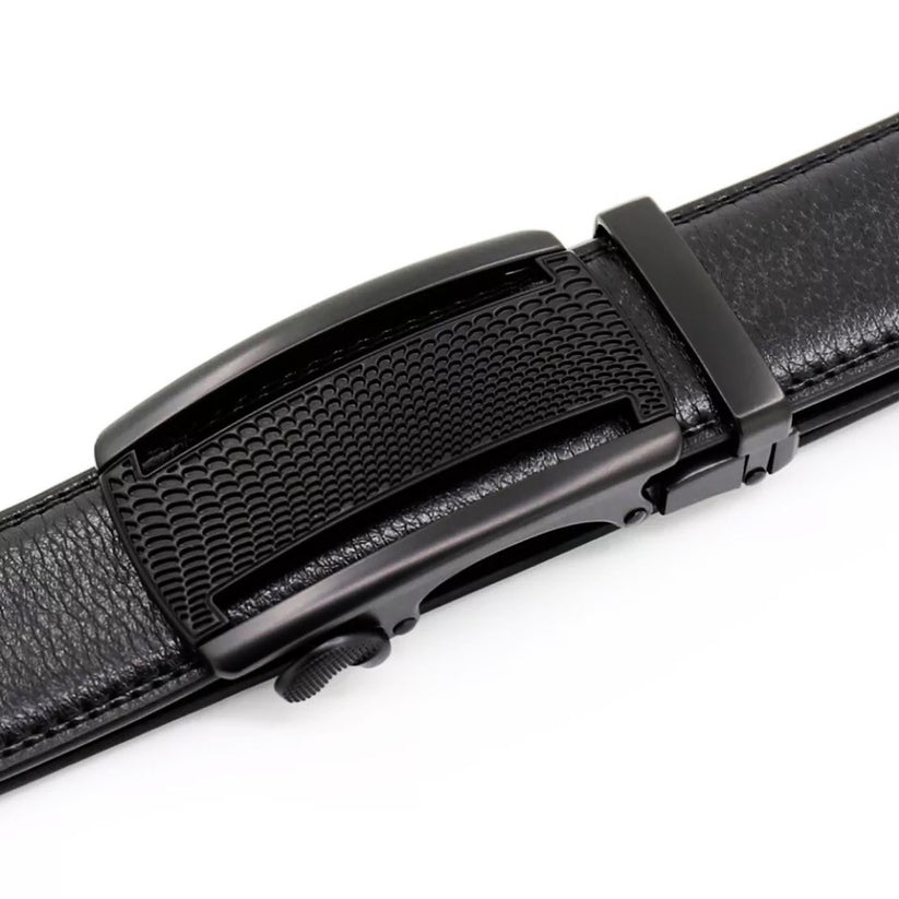 QHA Mens 35mm Ratchet Leather Belt, Polished Black Plastic Grid - QHA UK