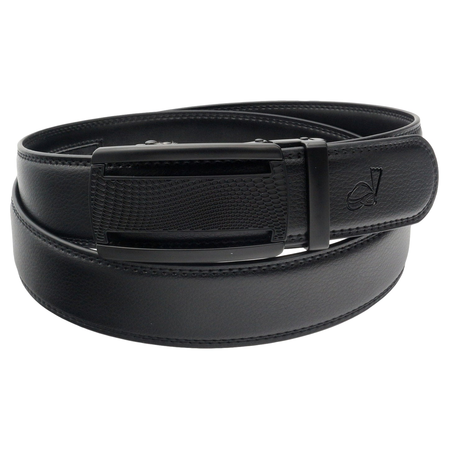 QHA Mens 35mm Ratchet Leather Belt, Polished Black Plastic Grid - QHA UK