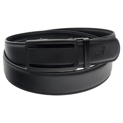 QHA Mens 35mm Ratchet Leather Belt, Polished Black Plastic Grid - QHA UK