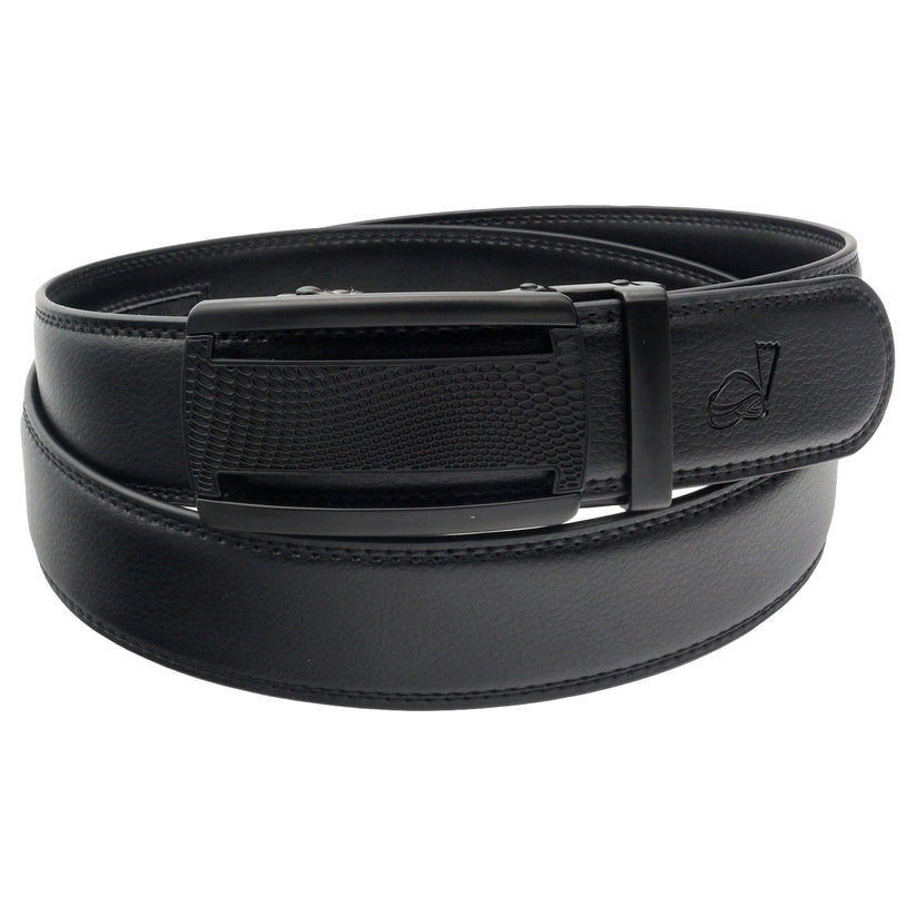 QHA Mens 35mm Ratchet Leather Belt, Polished Black Plastic Grid - QHA UK