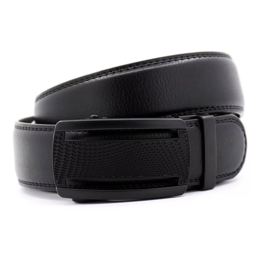 QHA Mens 35mm Ratchet Leather Belt, Polished Black Plastic Grid - QHA UK