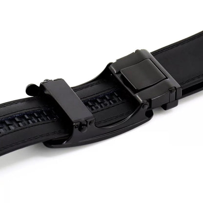 QHA Mens 35mm Ratchet Leather Belt, Polished Black Plastic Grid - QHA UK