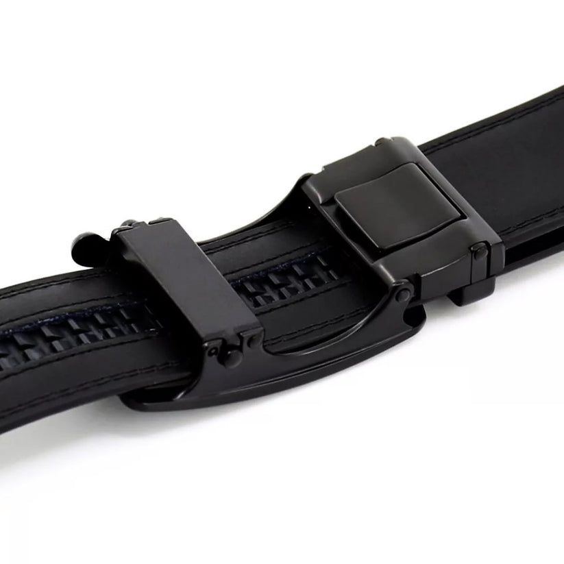 QHA Mens 35mm Ratchet Leather Belt, Polished Black Plastic Grid - QHA UK