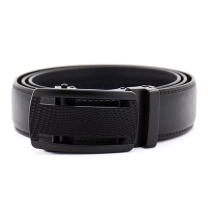 QHA Mens 35mm Ratchet Leather Belt, Polished Black Plastic Grid - QHA UK