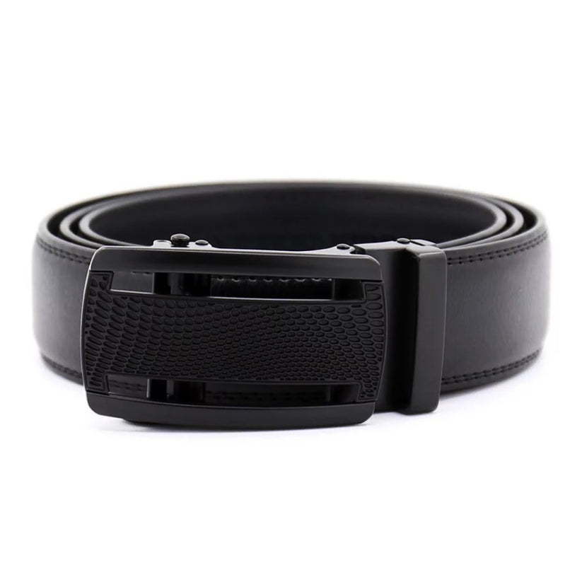 QHA Mens 35mm Ratchet Leather Belt, Polished Black Plastic Grid - QHA UK
