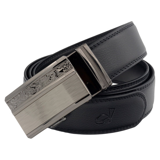QHA Mens 35mm Ratchet Leather Belt, Gunmetal Carbon Fiber Buckle - QHA UK