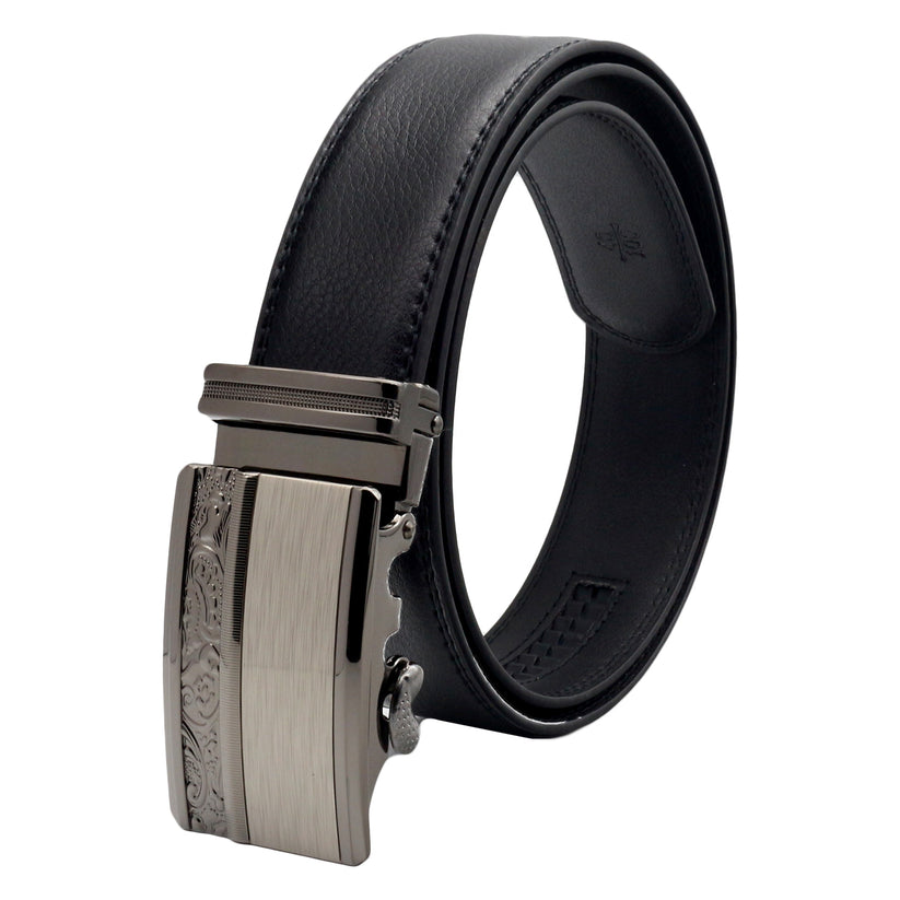 QHA Mens 35mm Ratchet Leather Belt, Gunmetal Carbon Fiber Buckle - QHA UK