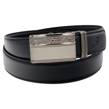 QHA Mens 35mm Ratchet Leather Belt, Gunmetal Carbon Fiber Buckle - QHA UK
