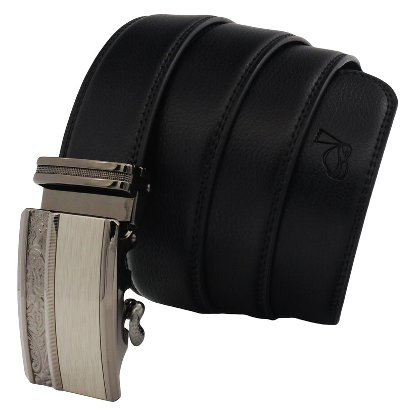 QHA Mens 35mm Ratchet Leather Belt, Gunmetal Carbon Fiber Buckle - QHA UK