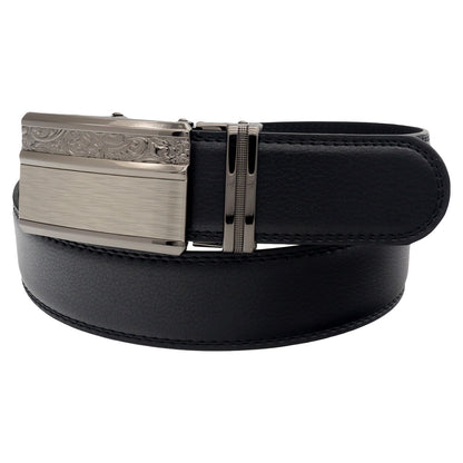 QHA Mens 35mm Ratchet Leather Belt, Gunmetal Carbon Fiber Buckle - QHA UK