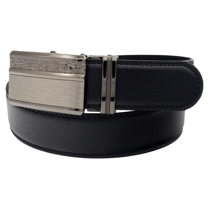 QHA Mens 35mm Ratchet Leather Belt, Gunmetal Carbon Fiber Buckle - QHA UK